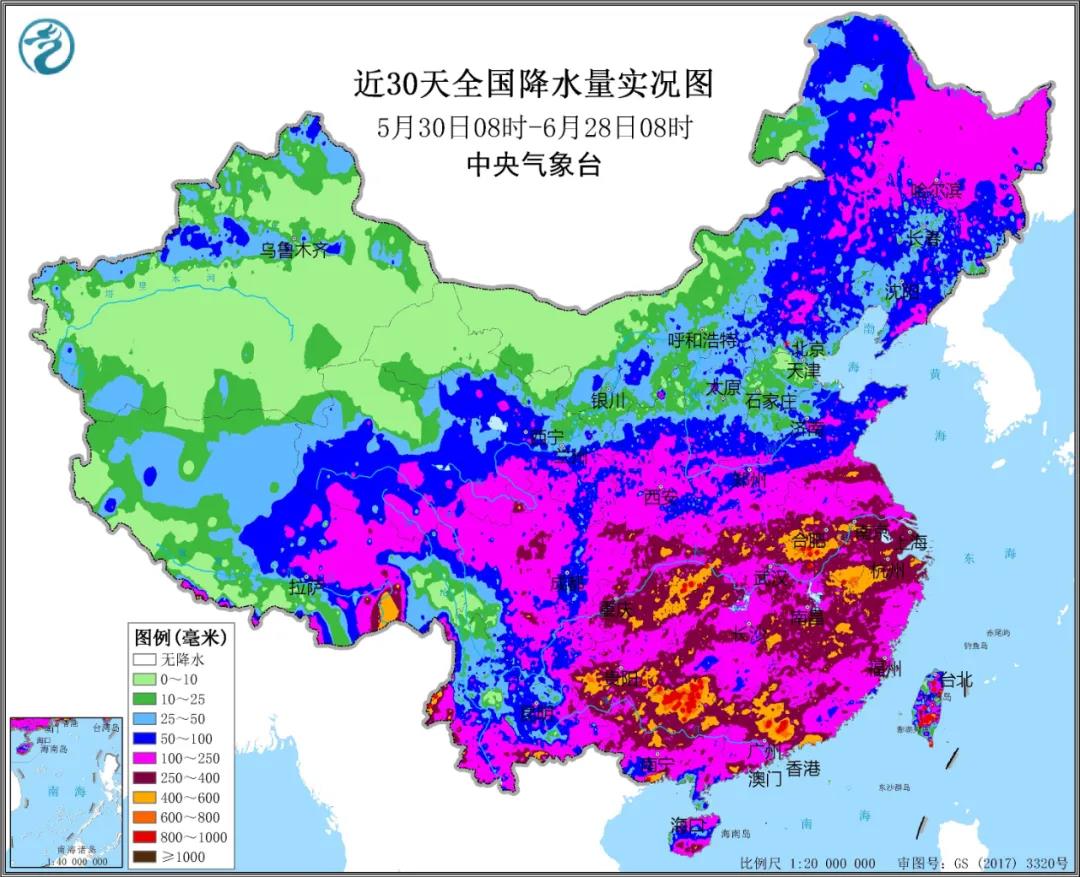 ▲圖為近30天全國(guó)降水實(shí)況圖。來源：中央氣象臺(tái)