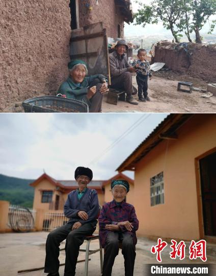 上圖為甲甲溝村村民羅木你坡夫婦所住的舊房，下圖為夫婦倆遷入的新居。(拼版圖) 張浪 攝